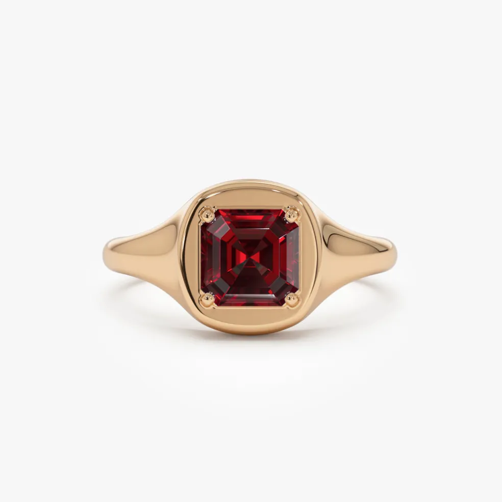 14K Asscher Cut Garnet Signet Ring