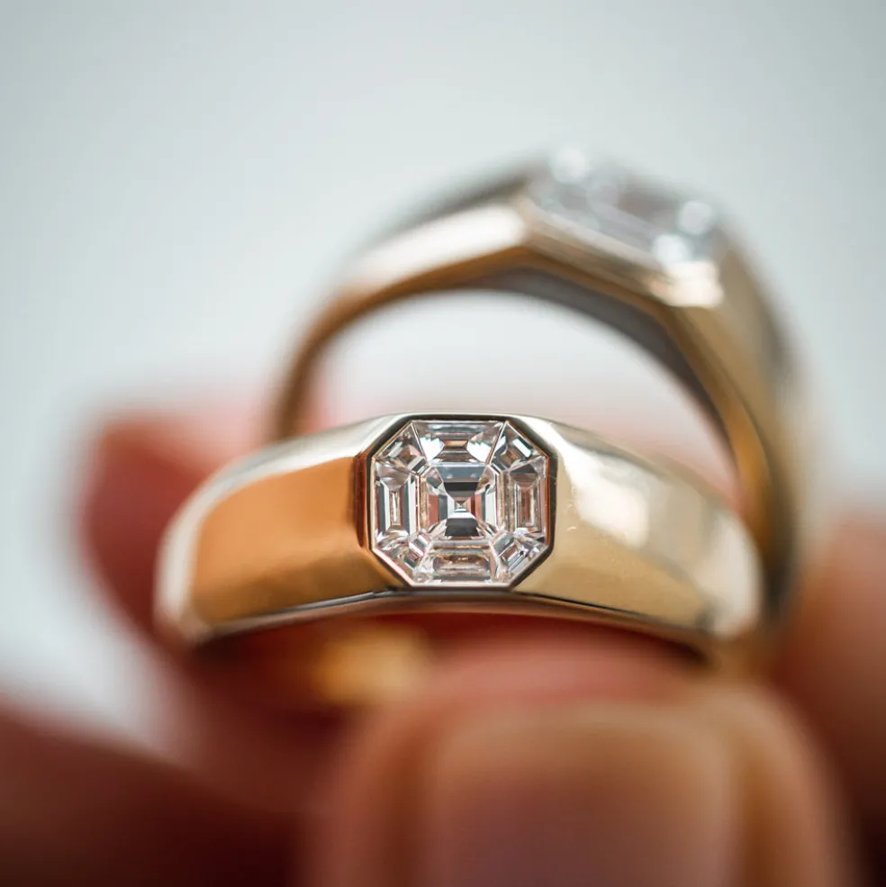 14k Asscher Cut Illusion Mosaic Solitaire Pinky Ring