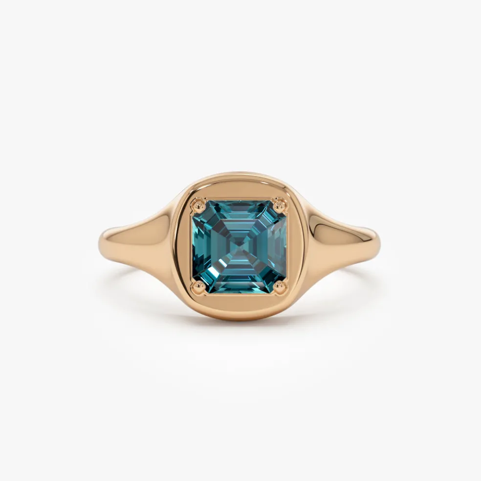 14K Asscher Cut London Blue Topaz Signet Ring