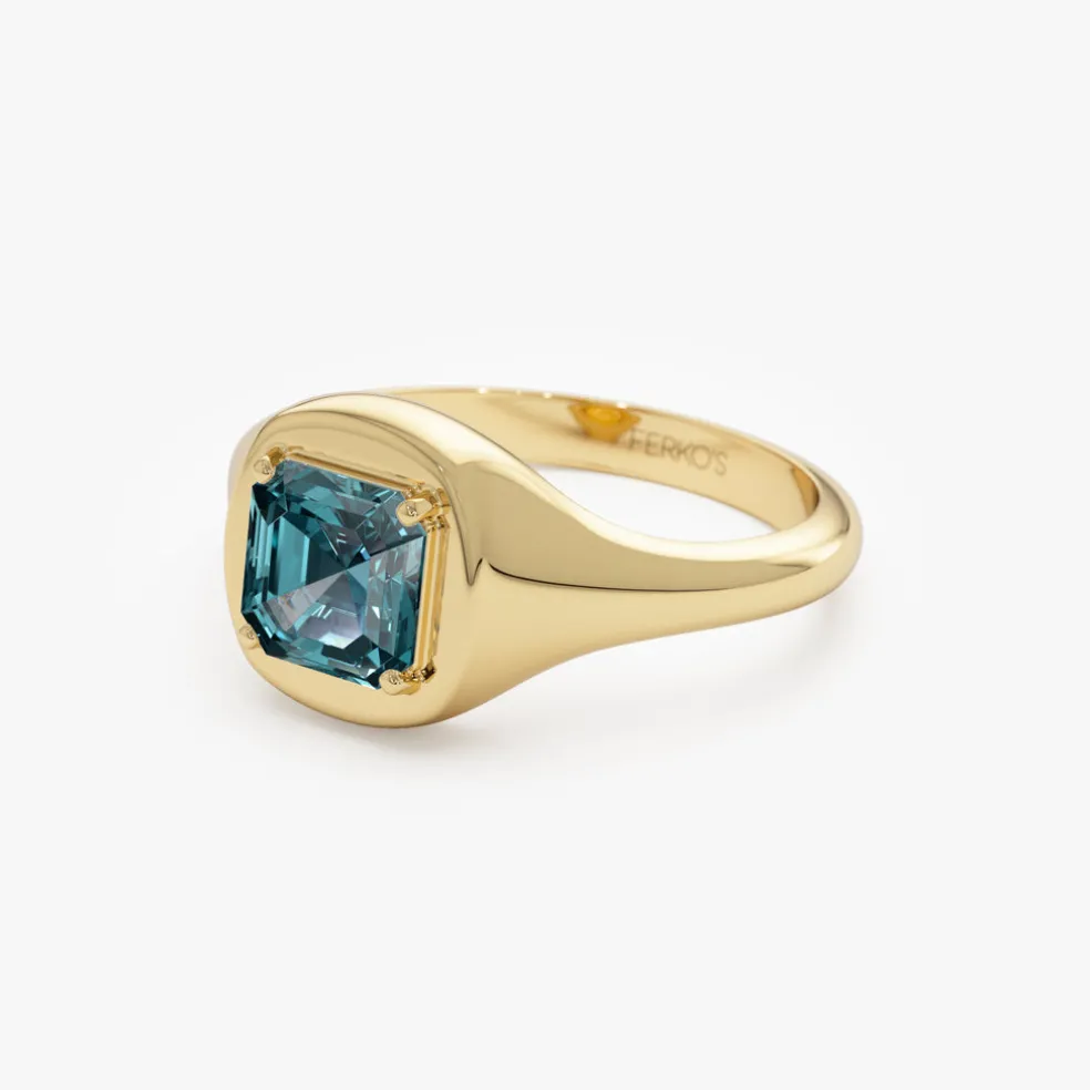 14K Asscher Cut London Blue Topaz Signet Ring