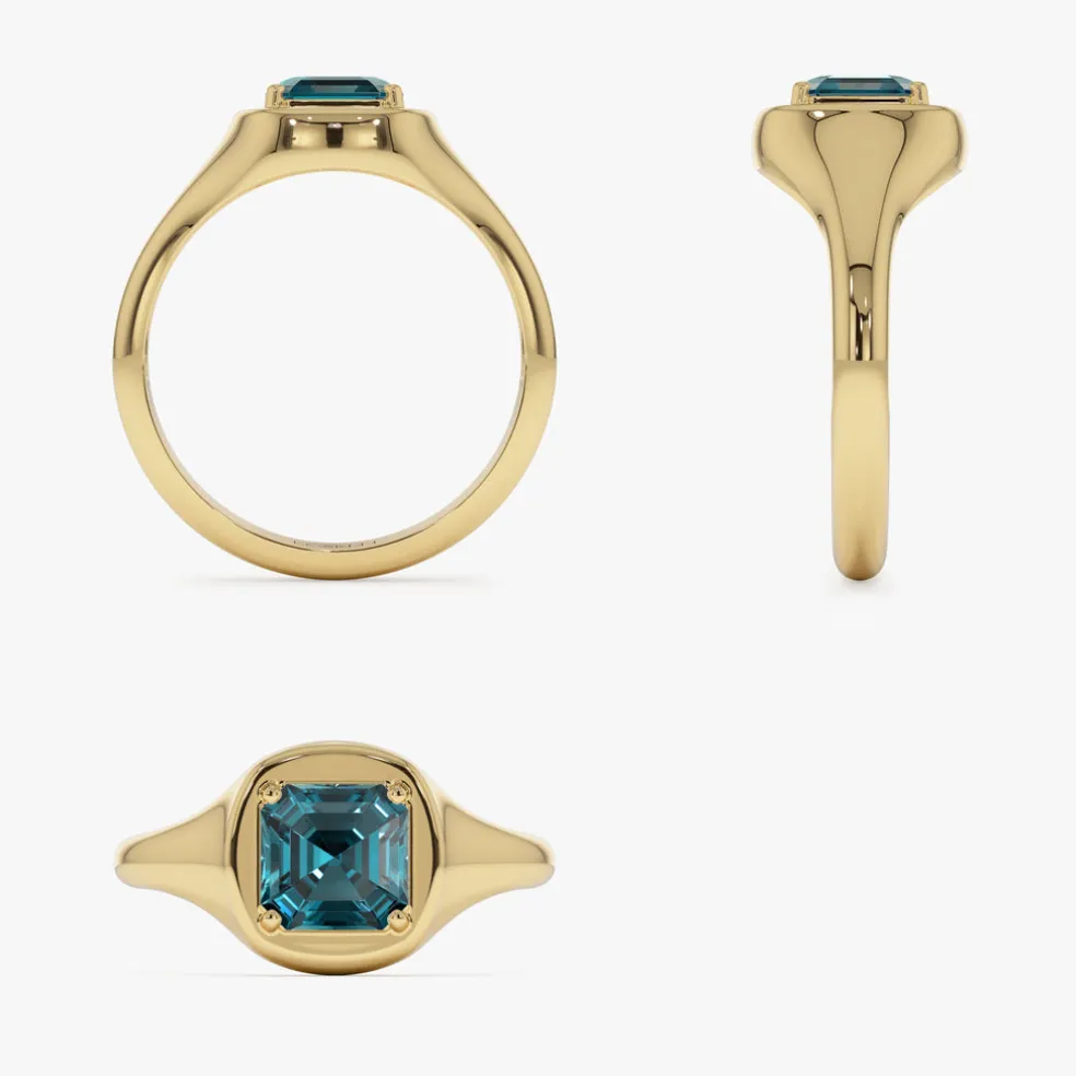 14K Asscher Cut London Blue Topaz Signet Ring