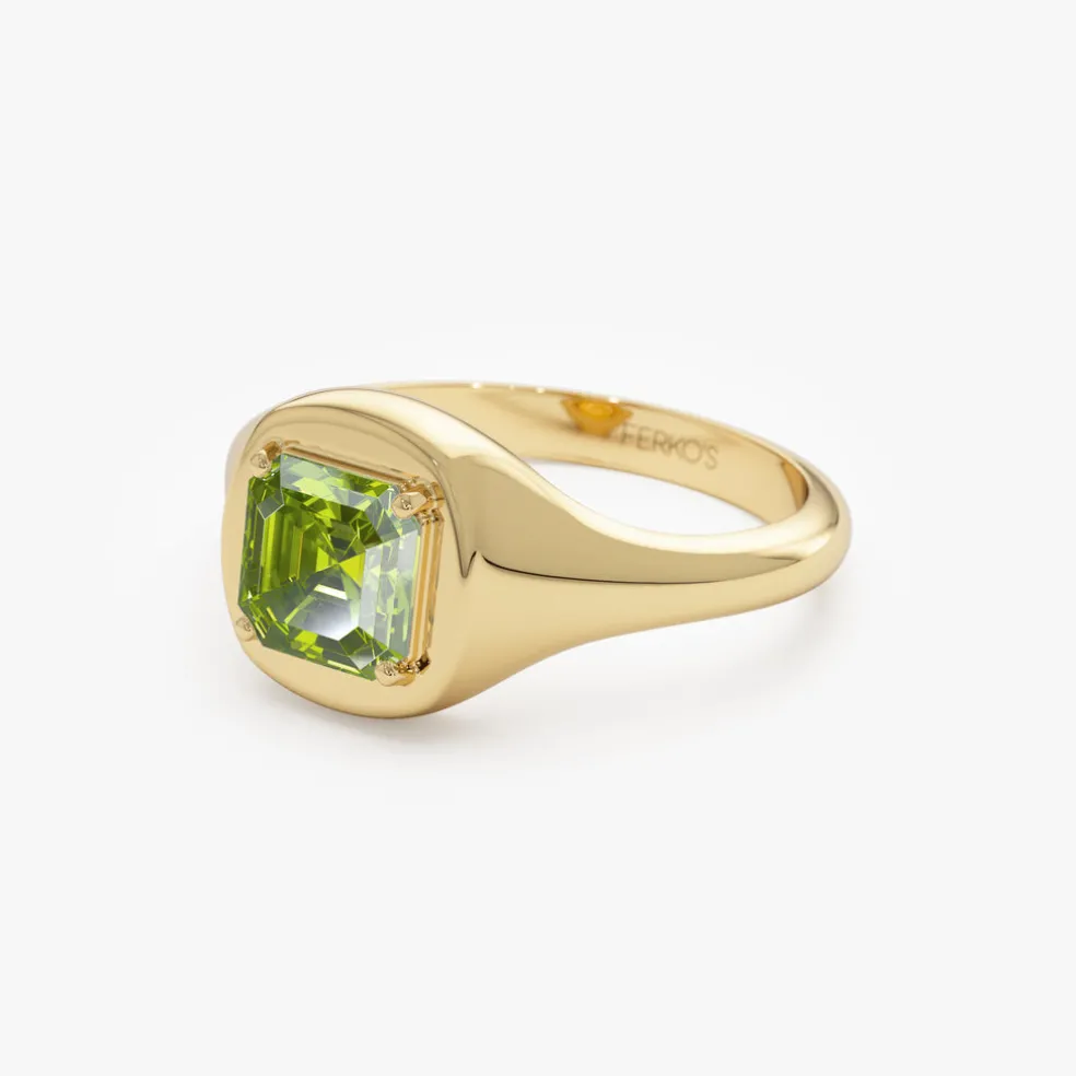 14K Asscher Cut Peridot Signet Ring