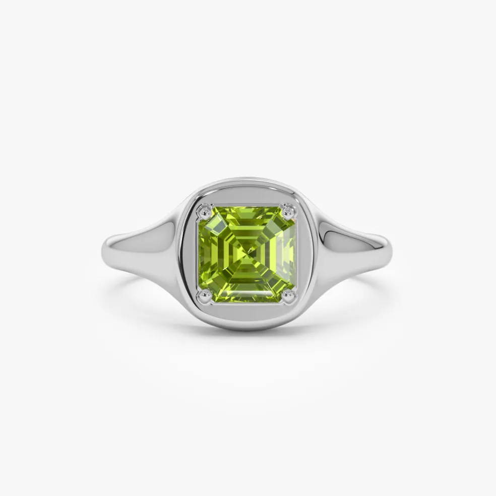 14K Asscher Cut Peridot Signet Ring