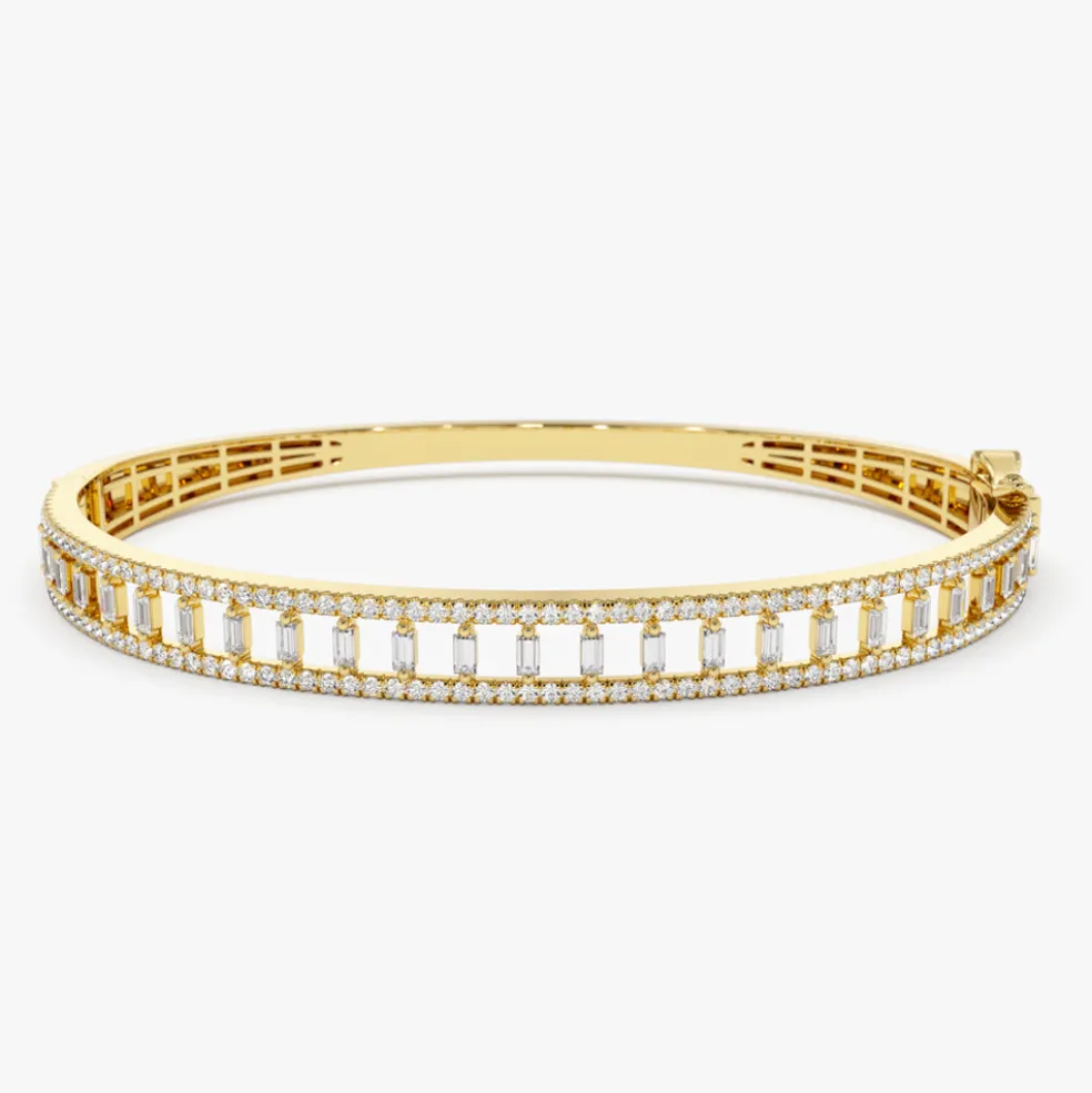 14K Baguette & Round Diamond Bangle Bracelet