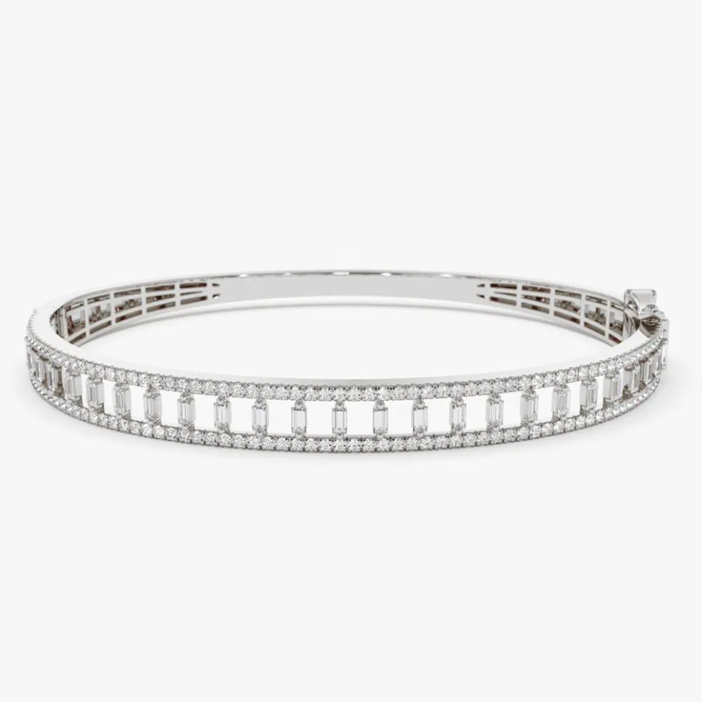 14K Baguette & Round Diamond Bangle Bracelet