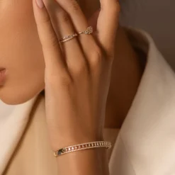 14K Baguette & Round Diamond Bangle Bracelet