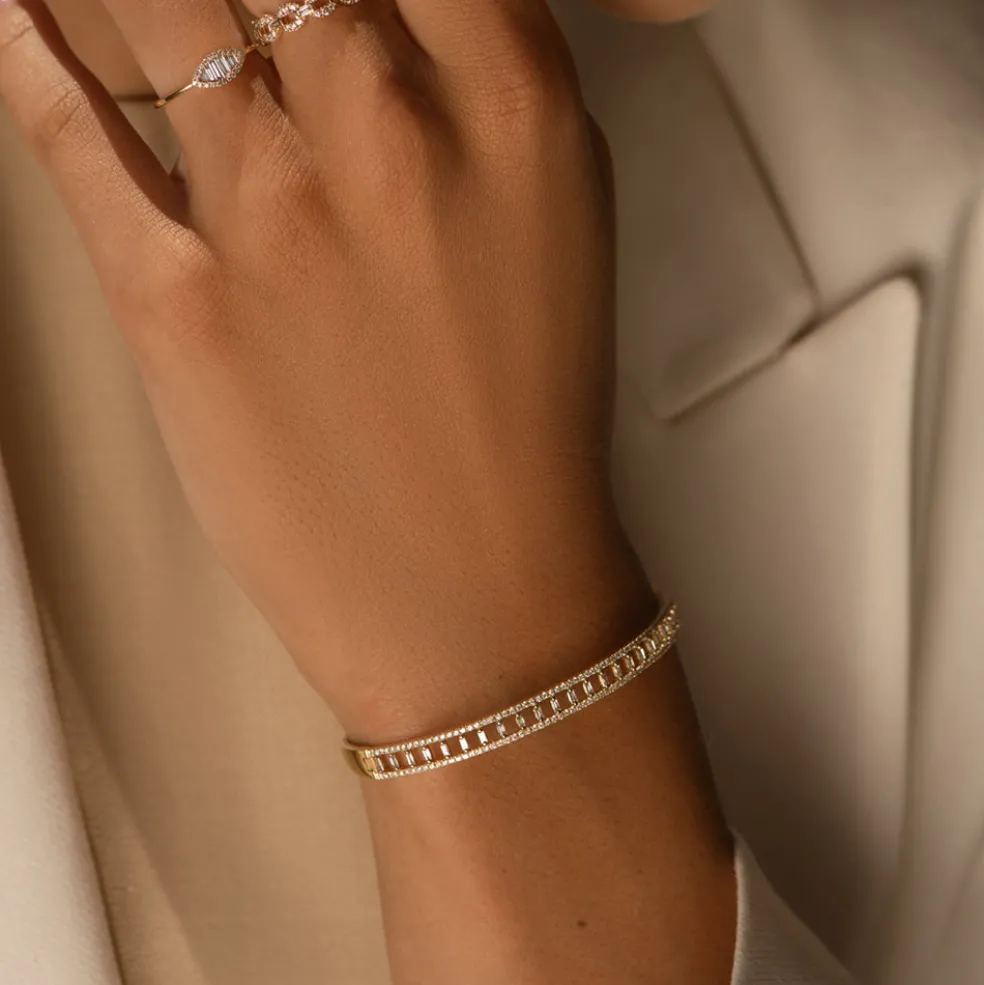 14K Baguette & Round Diamond Bangle Bracelet