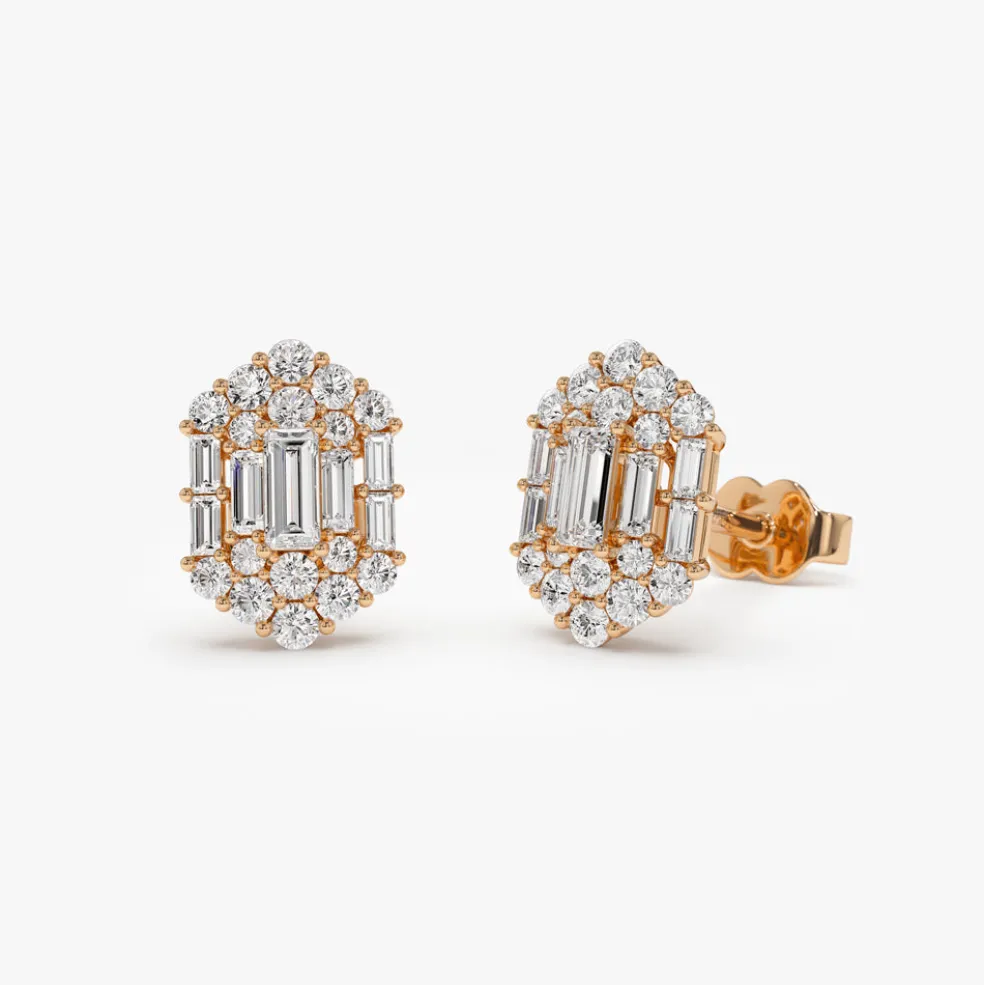 14k Baguette & Round Diamond Hexagon Studs
