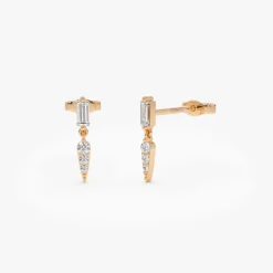 14k Baguette & Round Diamond Dangle Spike Earrings