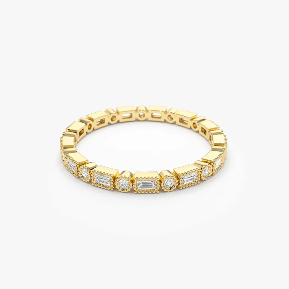 14K Baguette & Round Diamond Milgrain Bezel Full Eternity Ring