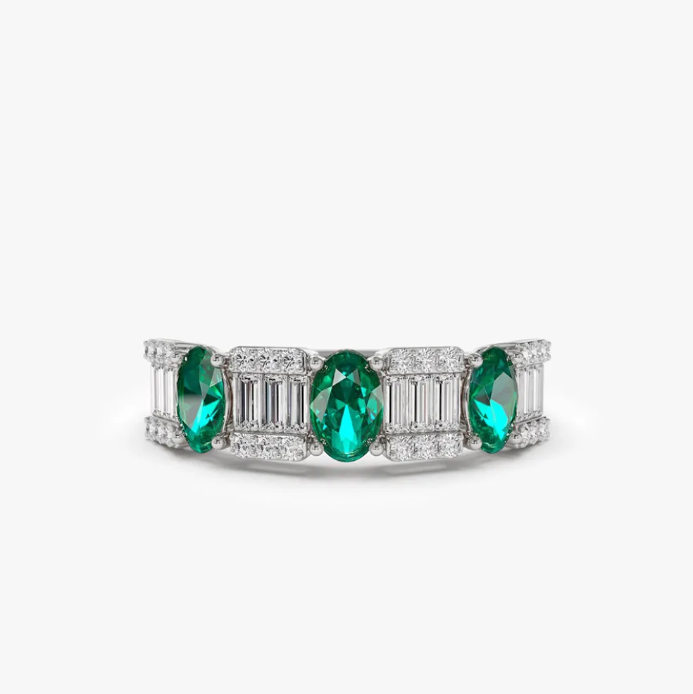 14K Baguette & Round Diamond with Genuine Emerald Ring