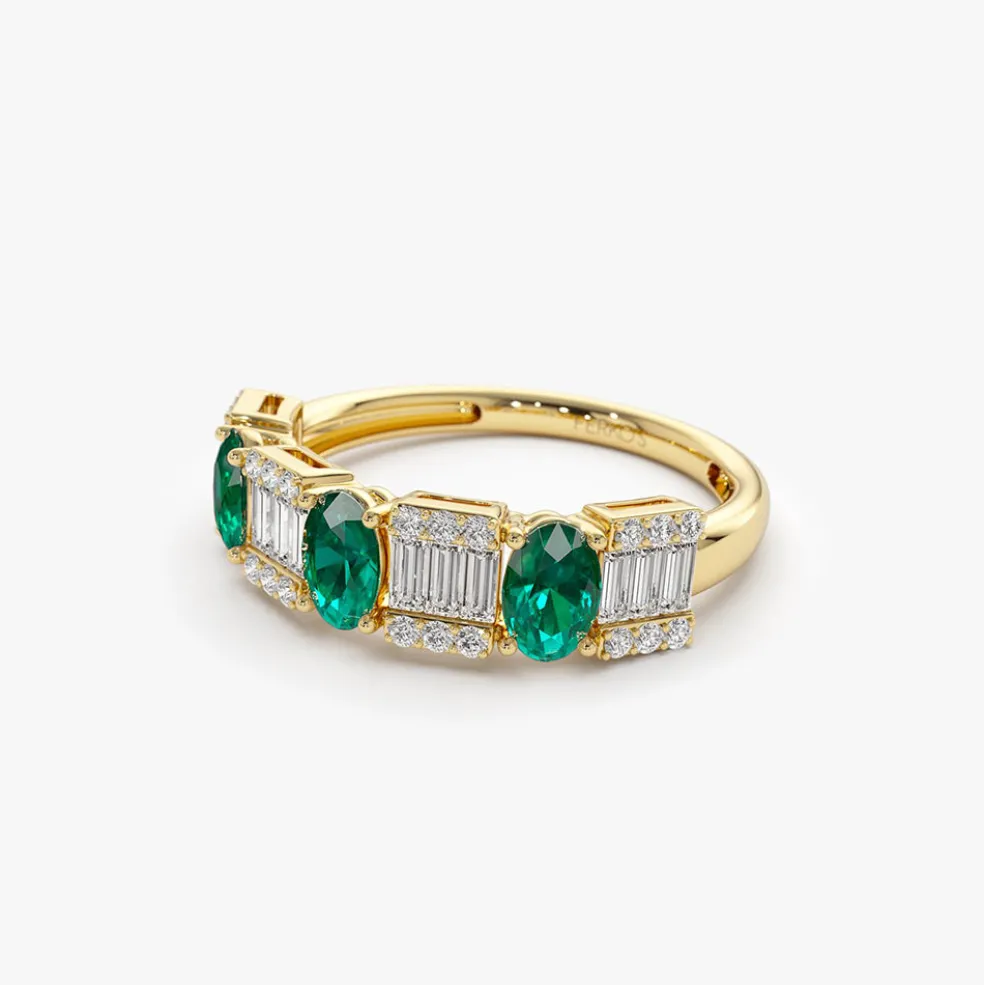 14K Baguette & Round Diamond with Genuine Emerald Ring