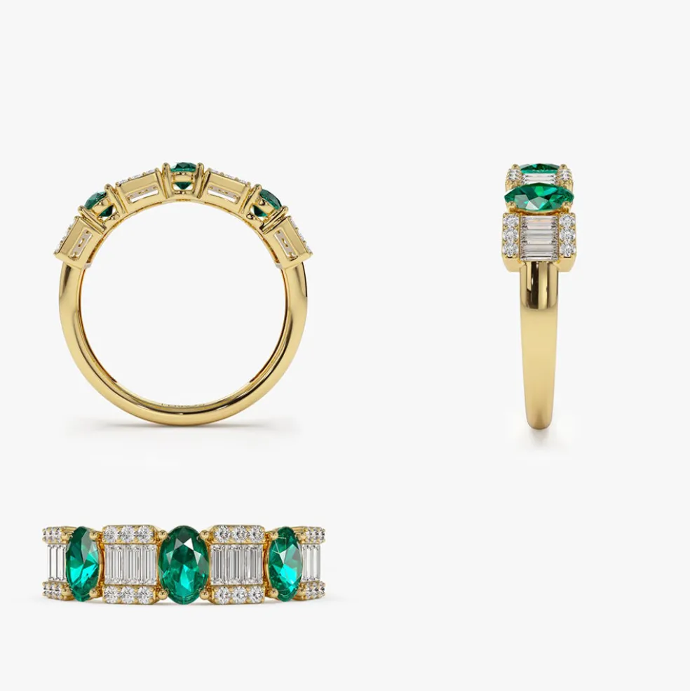 14K Baguette & Round Diamond with Genuine Emerald Ring