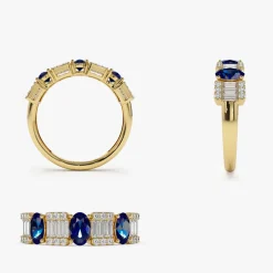14K Baguette & Round Diamond with Genuine Sapphire Ring