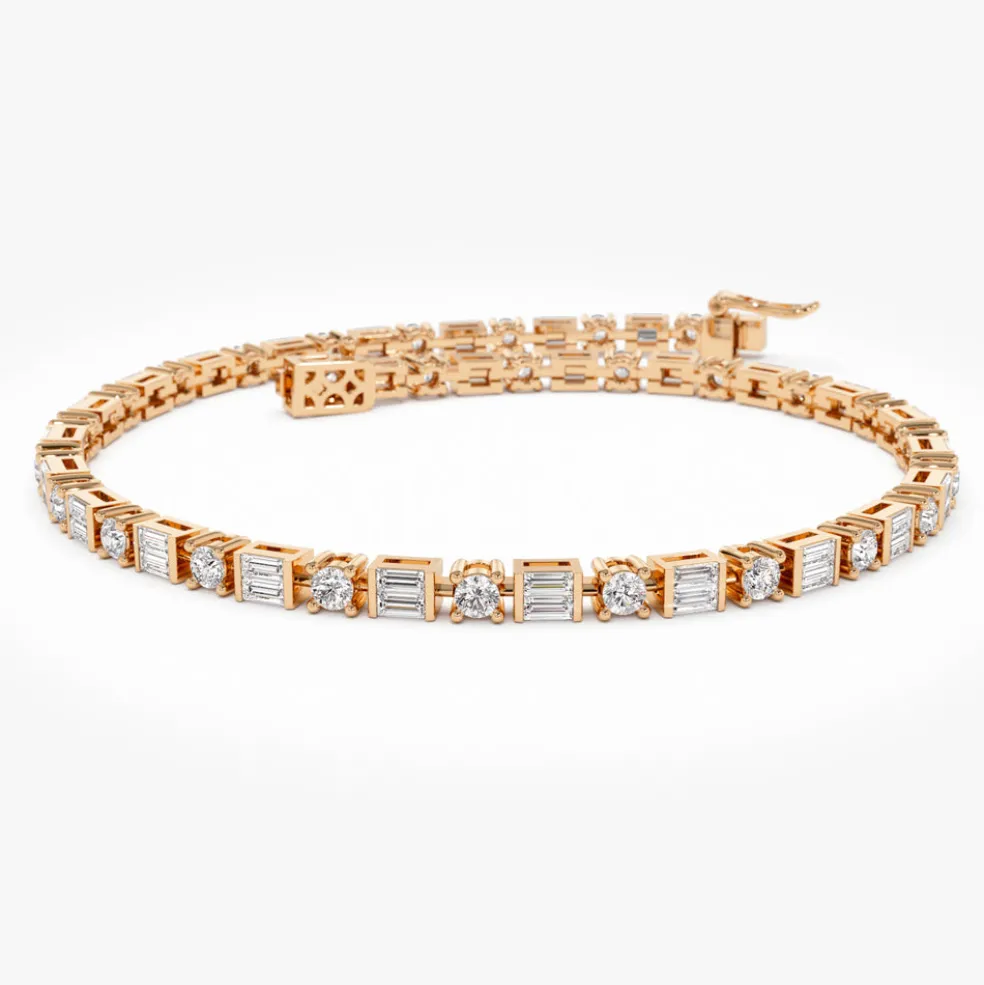 14k Baguette & Round Natural Diamond Tennis Bracelet