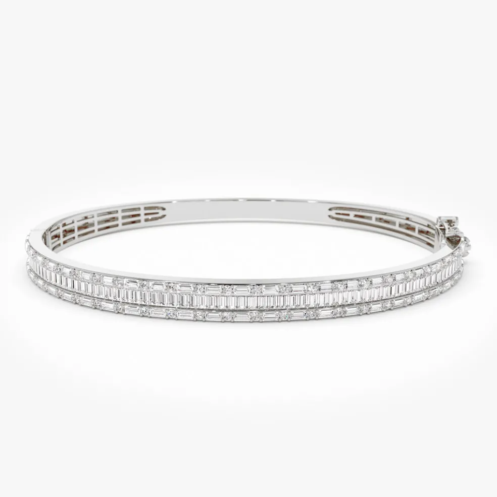 14k Baguette and Round Brilliant Micro Pave Statement Bangle Bracelet