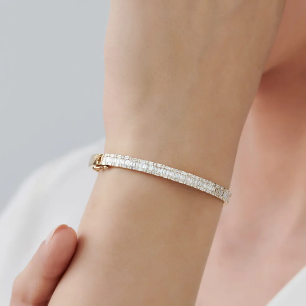 14k Baguette and Round Brilliant Micro Pave Statement Bangle Bracelet