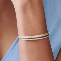 14k Baguette and Round Brilliant Micro Pave Statement Bangle Bracelet