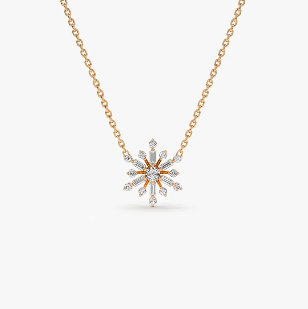 14k Baguette and Round Diamond Snowflake Necklace