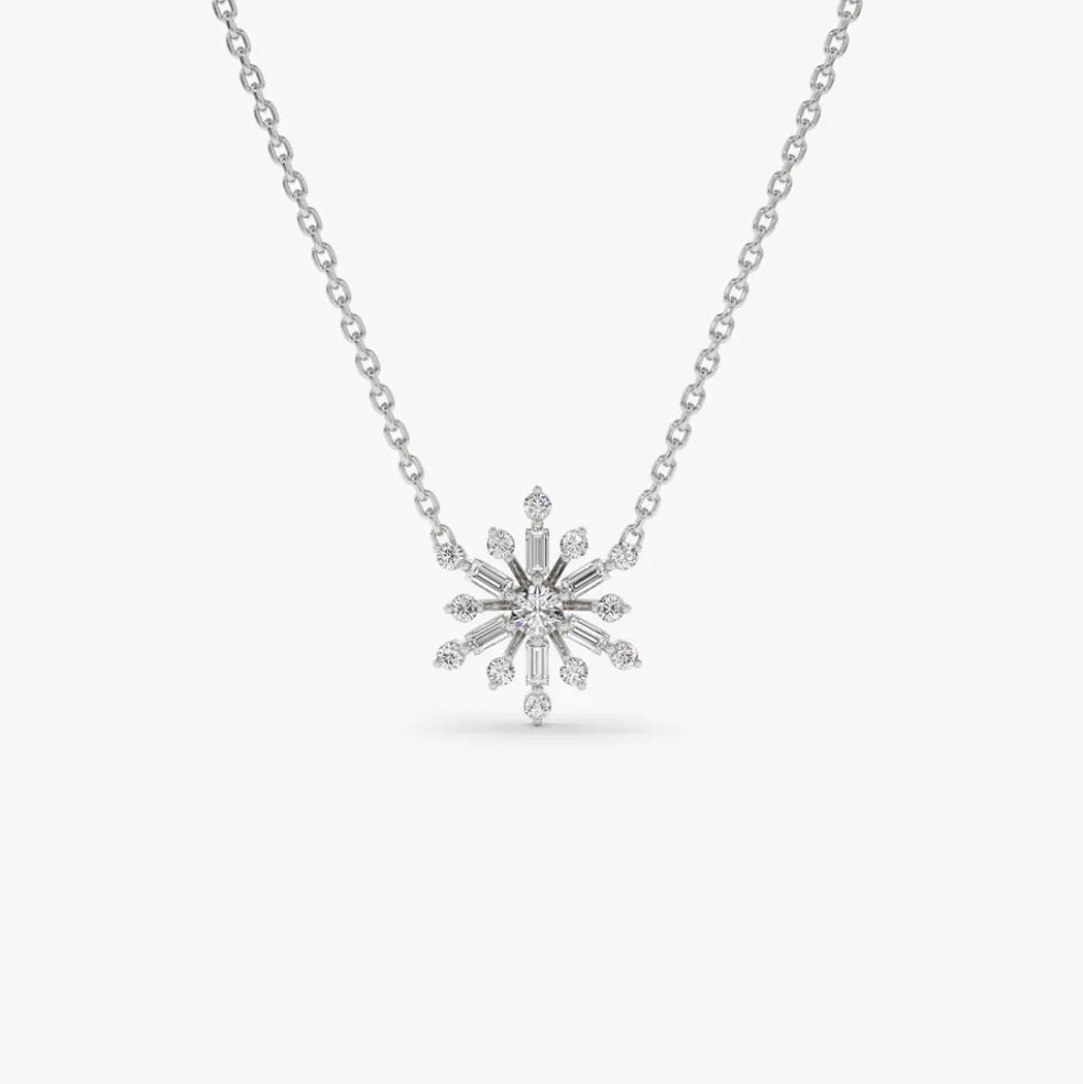 14k Baguette and Round Diamond Snowflake Necklace