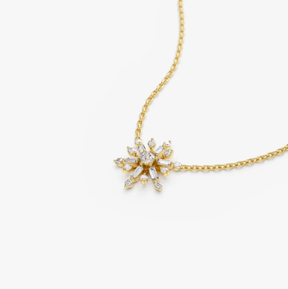 14k Baguette and Round Diamond Snowflake Necklace