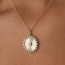 14k Baguette and Round Diamond Disc Ray Necklace