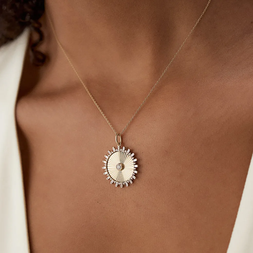 14k Baguette and Round Diamond Disc Ray Necklace