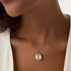 14k Baguette and Round Diamond Disc Ray Necklace