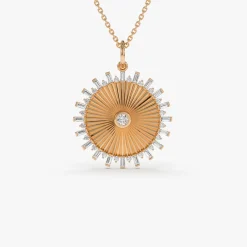 14k Baguette and Round Diamond Disc Ray Necklace