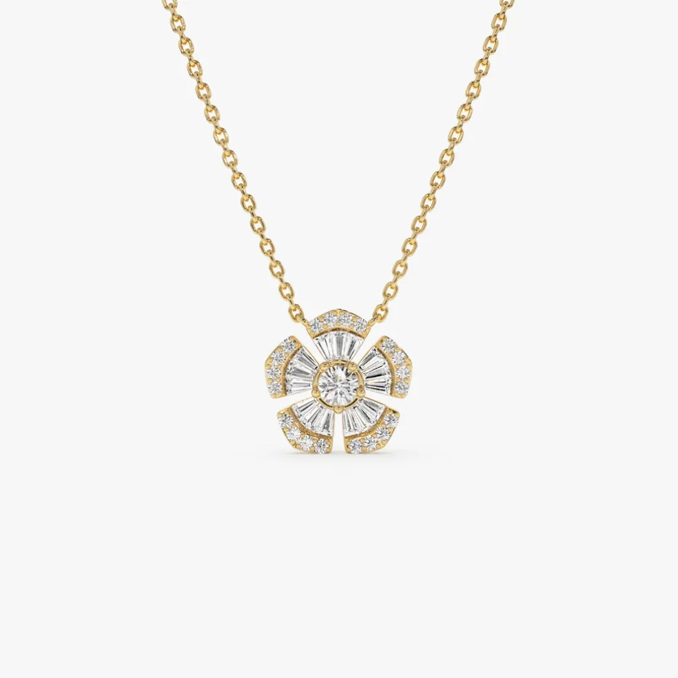 14k Baguette and Round Diamond Flower Necklace