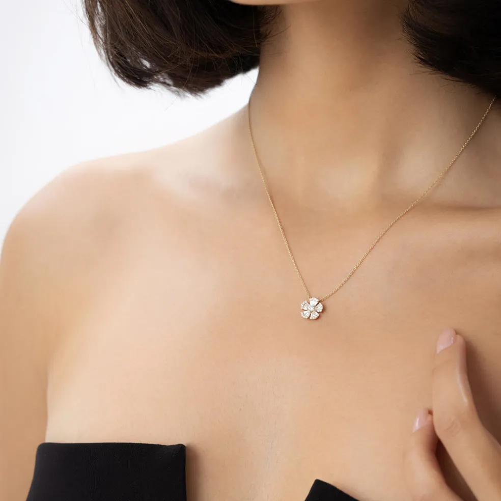 14k Baguette and Round Diamond Flower Necklace