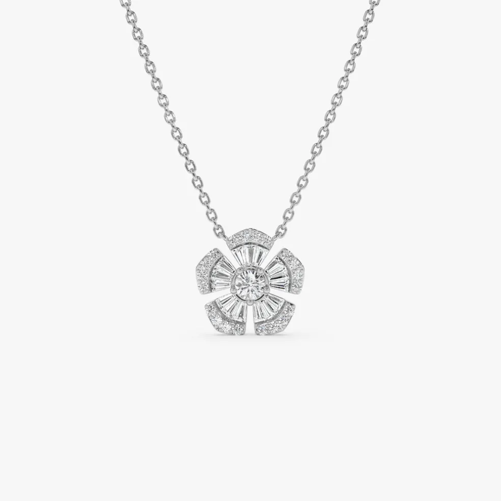 14k Baguette and Round Diamond Flower Necklace