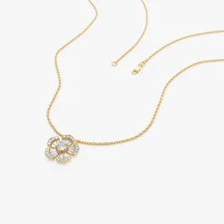 14k Baguette and Round Diamond Flower Necklace