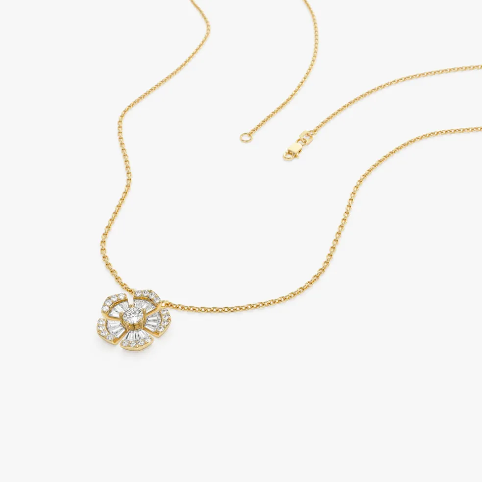 14k Baguette and Round Diamond Flower Necklace