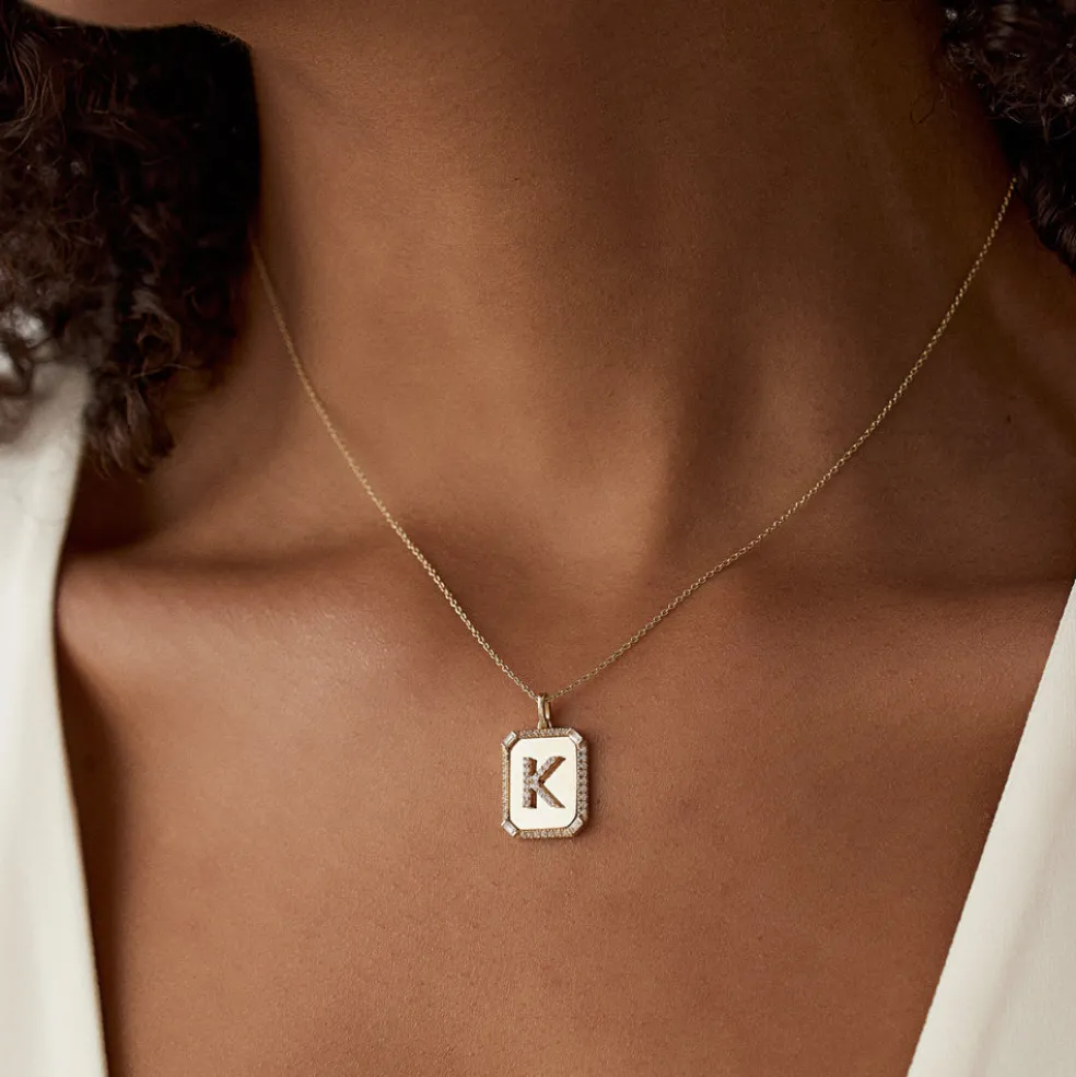 14k Baguette and Round Diamond Tag Initial Necklace