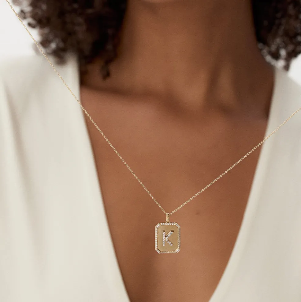 14k Baguette and Round Diamond Tag Initial Necklace