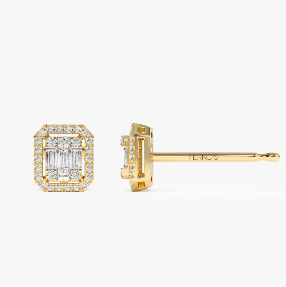 14k Baguette and Round Diamond Studs Halo Setting