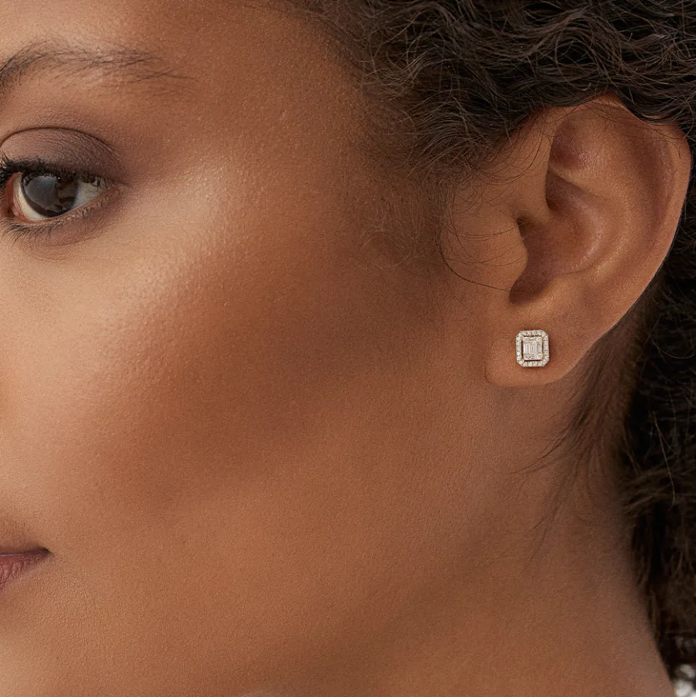 14k Baguette and Round Diamond Studs Halo Setting
