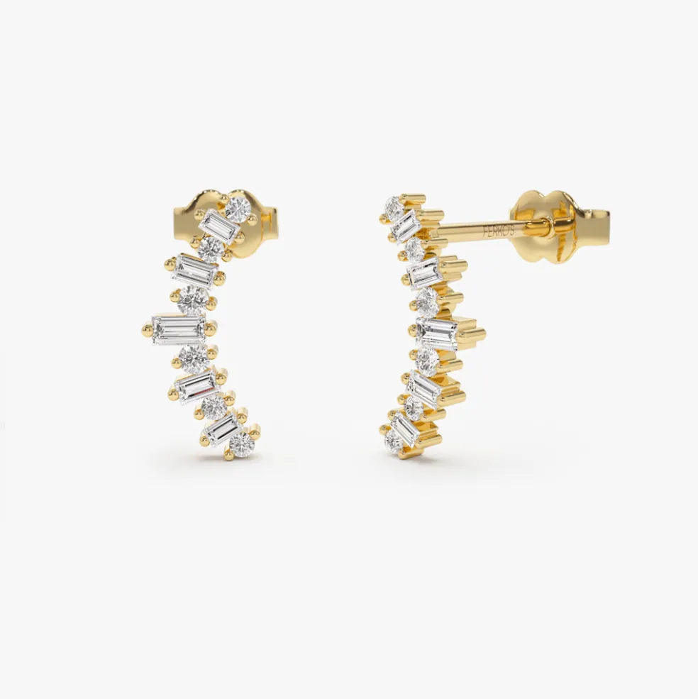 14k Baguette and Round Diamond Ear Crawler Earrings