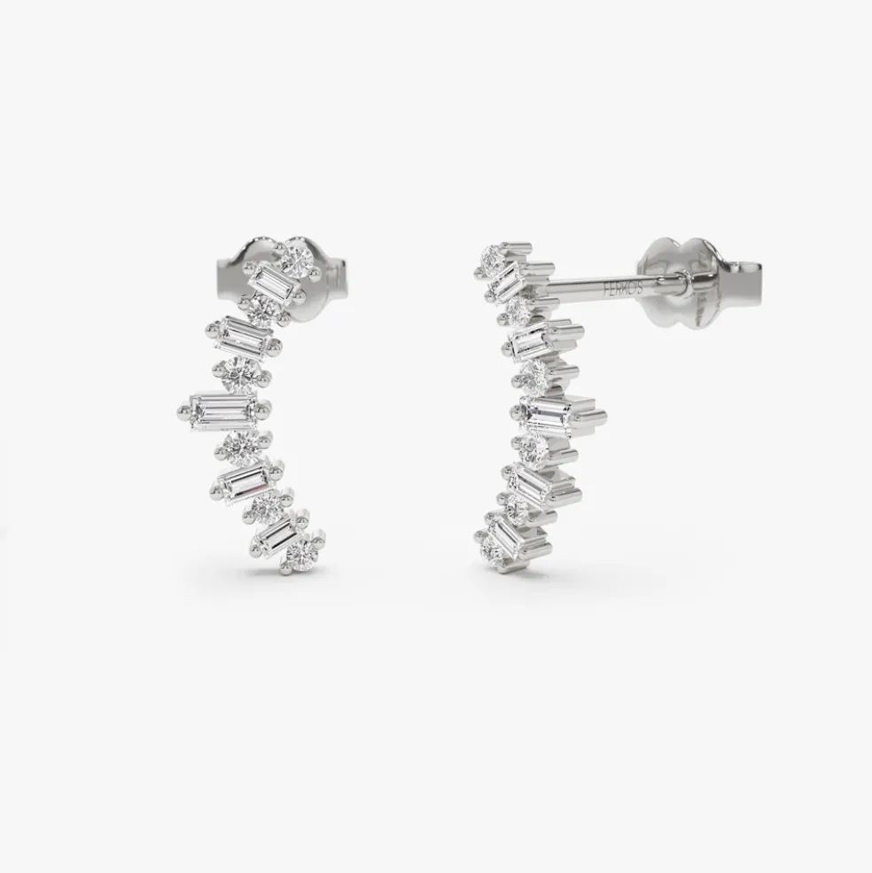 14k Baguette and Round Diamond Ear Crawler Earrings