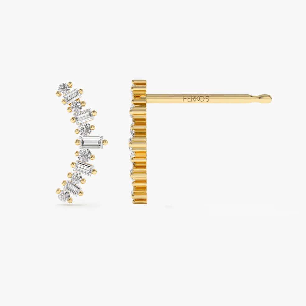 14k Baguette and Round Diamond Ear Crawler Earrings