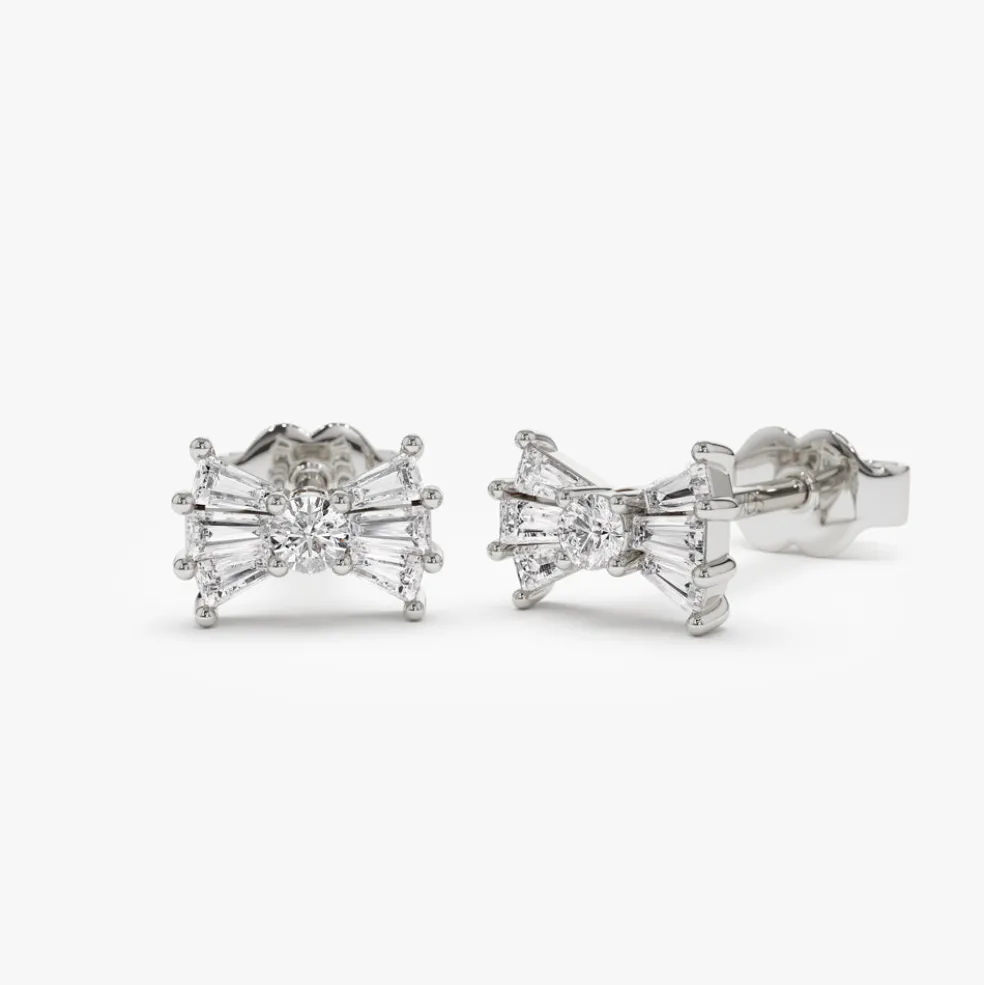 14k Baguette and Round Diamond Bow Stud Earrings