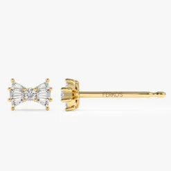 14k Baguette and Round Diamond Bow Stud Earrings