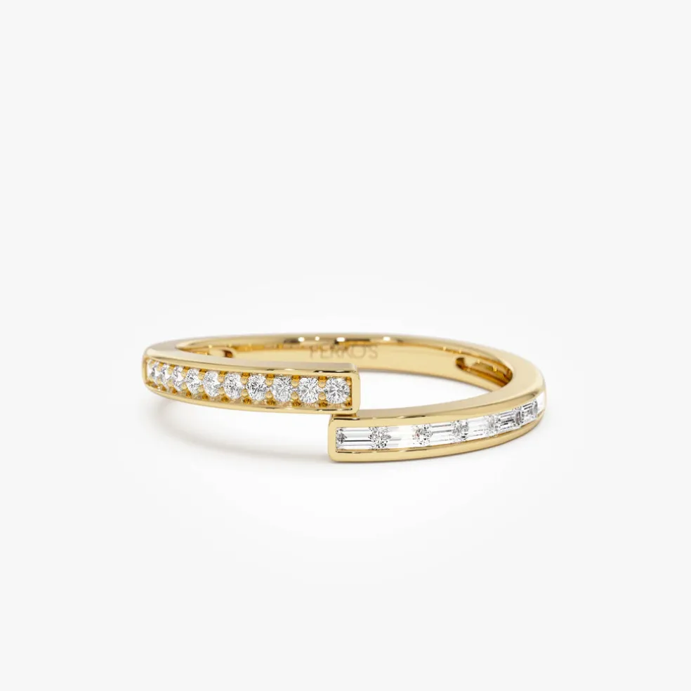 14k Baguette and Round Diamond Crossover Ring