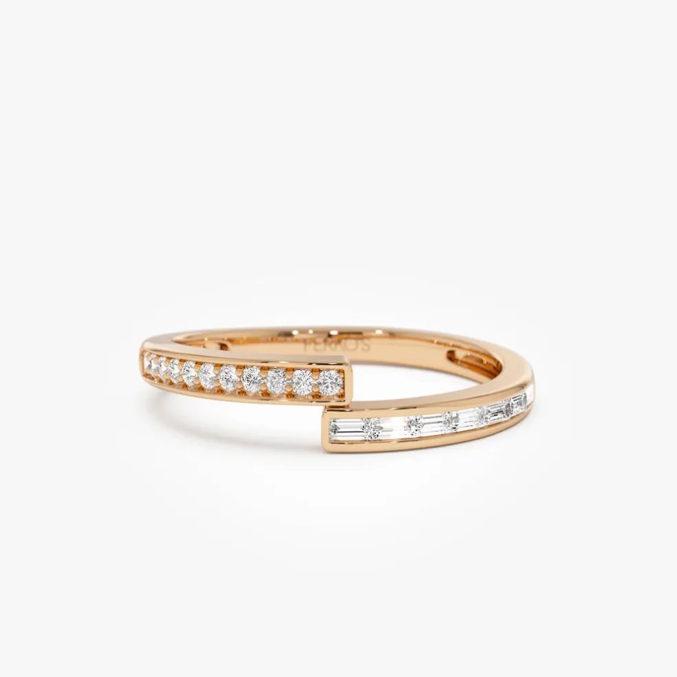 14k Baguette and Round Diamond Crossover Ring