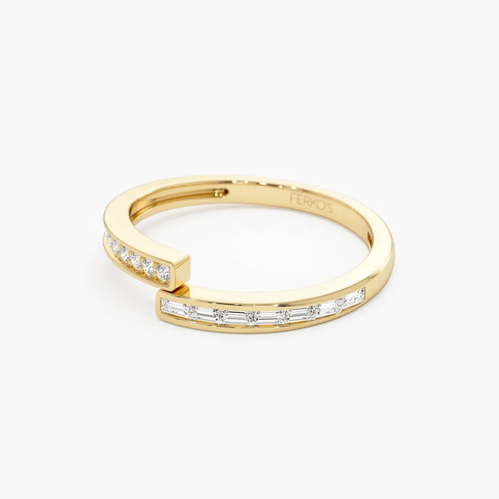 14k Baguette and Round Diamond Crossover Ring