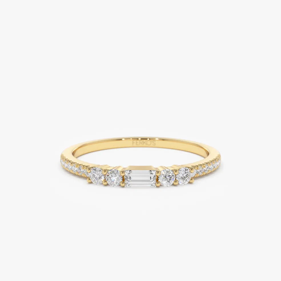 14k Baguette and Round Diamond Dainty Stackable Ring