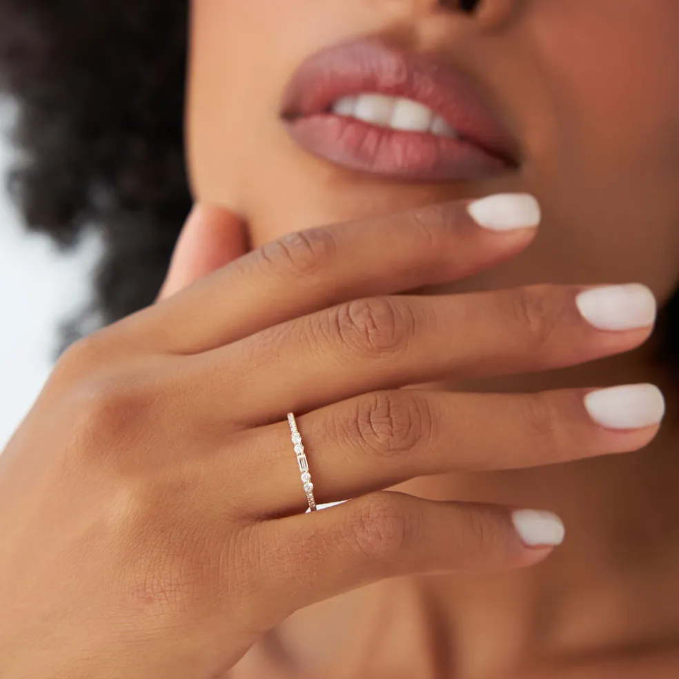 14k Baguette and Round Diamond Dainty Stackable Ring