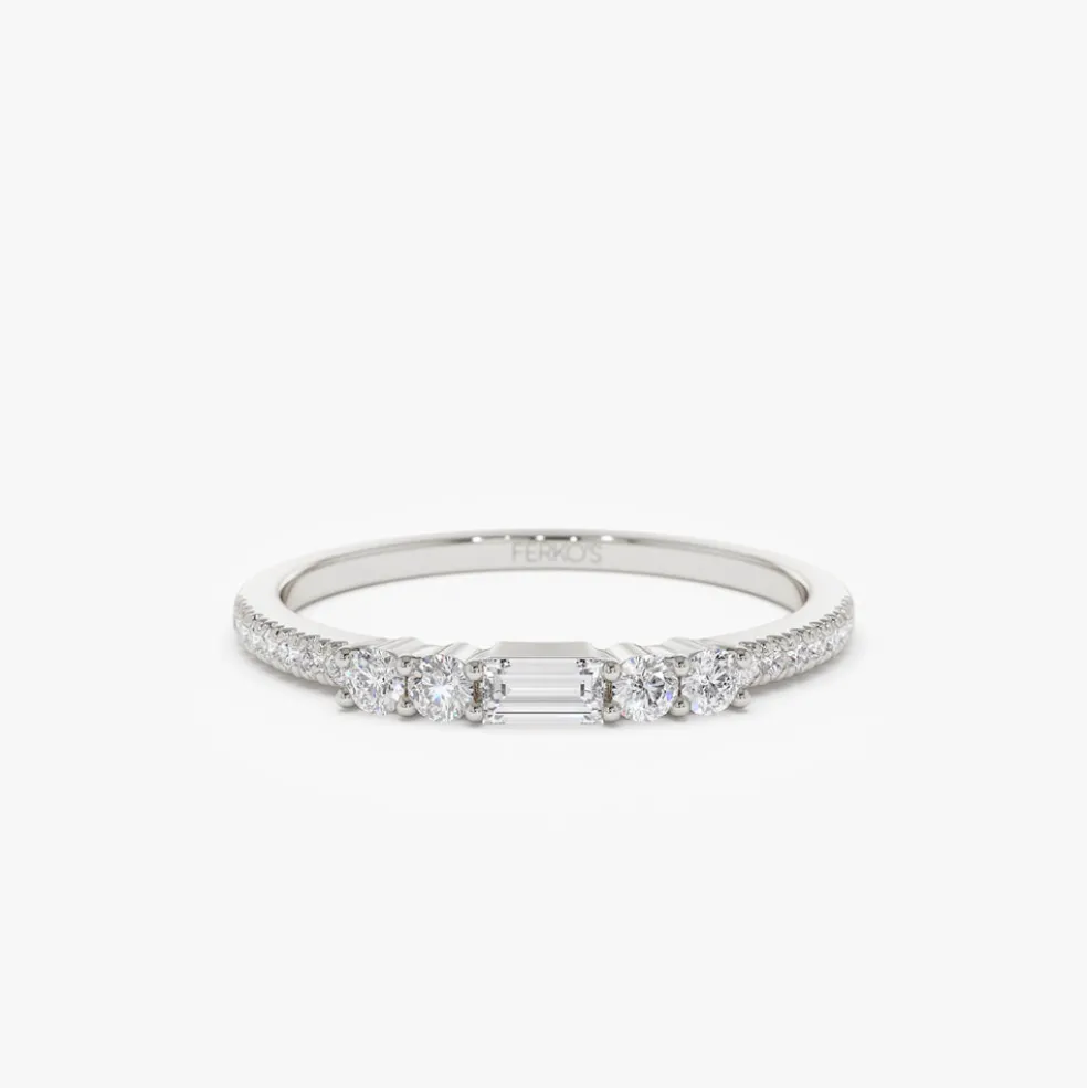 14k Baguette and Round Diamond Dainty Stackable Ring