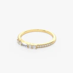 14k Baguette and Round Diamond Dainty Stackable Ring